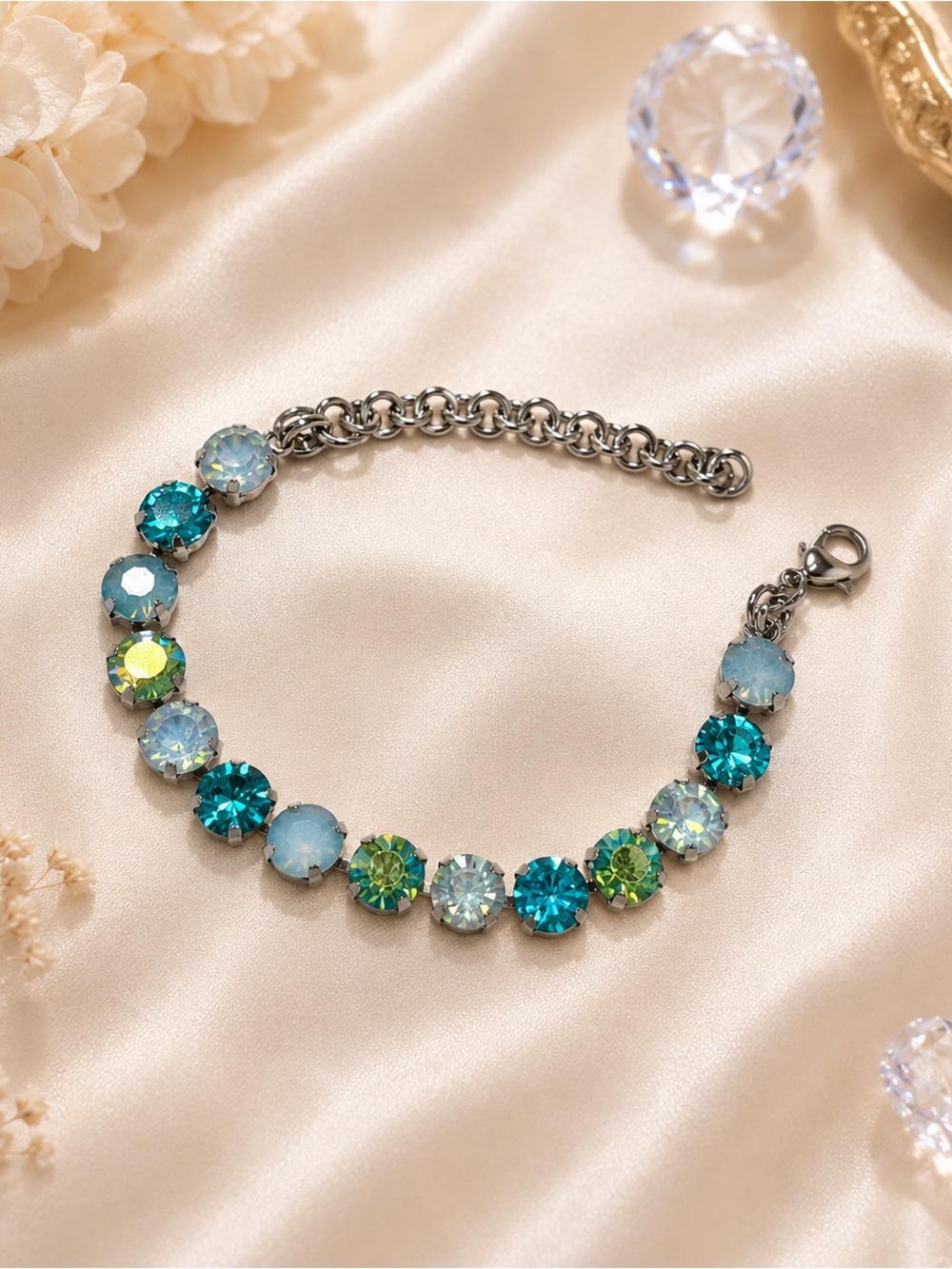 Blue and Green Tova-Like Crystal Fashion Adjustable Bracelet Silver Tone New